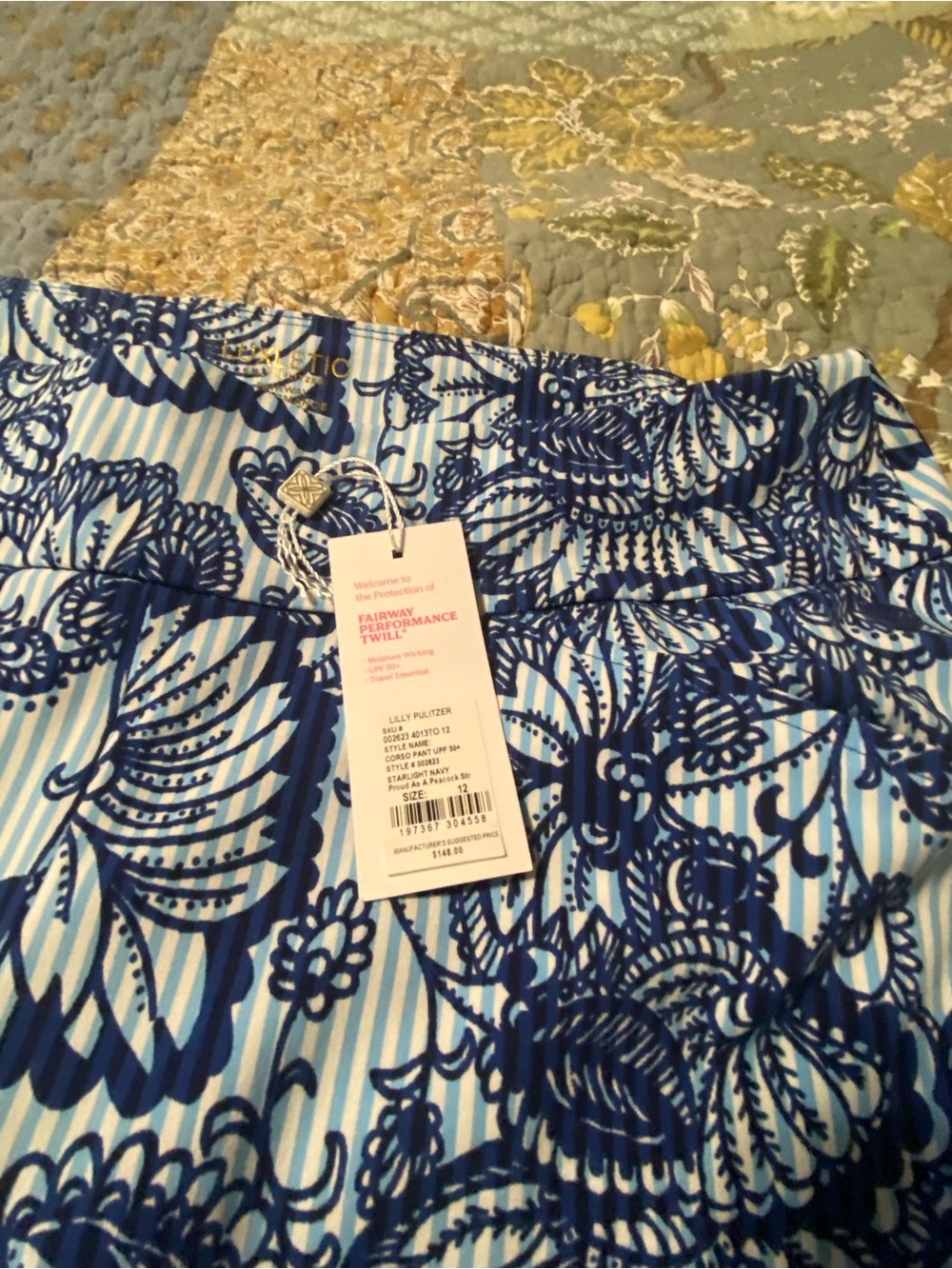Lilly Pulitzer Luxletic Navy/Light Blue Floral Stripe Corso Performance Pants 12 - Picture 2 of 8